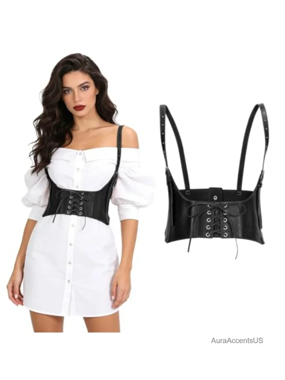 Faux Leather Corset Waist Belt Elastic Wide Underbust Lace-up Steampunk Waspie